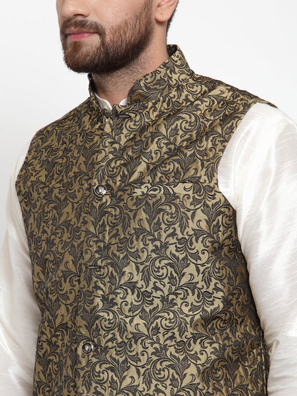 Men'S Solid Dupion Kurta Pajama With Woven Jacquard Waistcoat