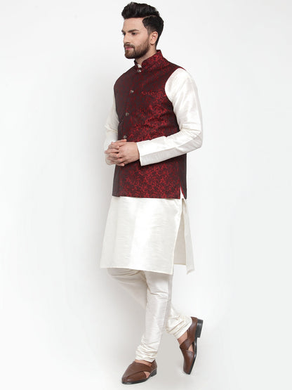 Men'S Solid Dupion Kurta Pajama With Woven Jacquard Waistcoat
