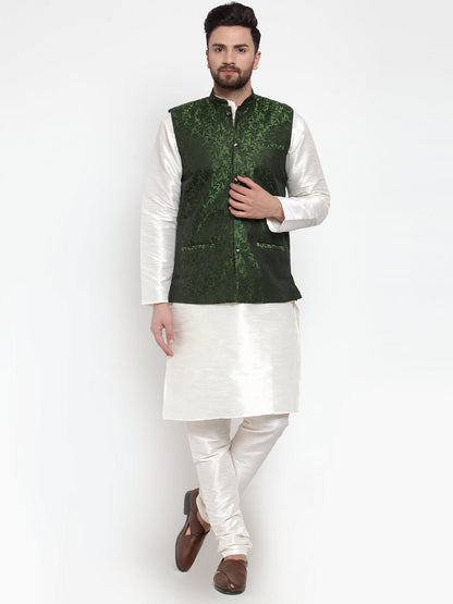 Men'S Solid Dupion Kurta Pajama With Woven Jacquard Waistcoat