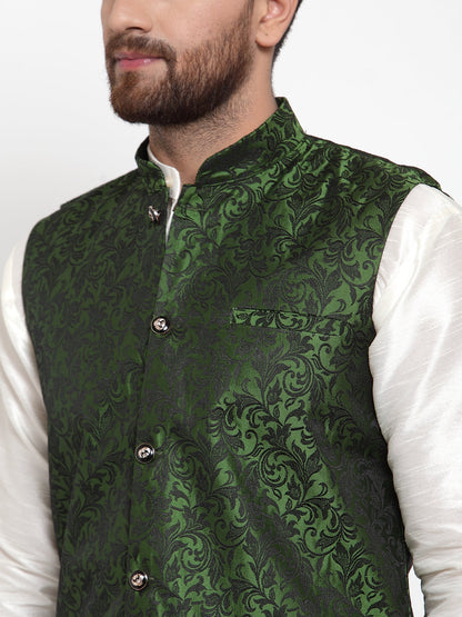Men'S Solid Dupion Kurta Pajama With Woven Jacquard Waistcoat