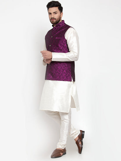 Men'S Solid Dupion Kurta Pajama With Woven Jacquard Waistcoat