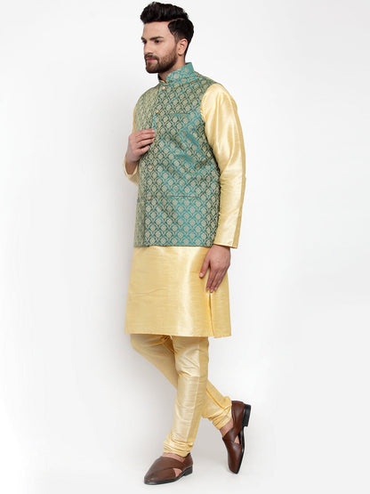 Men'S Solid Dupion Kurta Pajama With Woven Jacquard Waistcoat