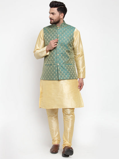 Men'S Solid Dupion Kurta Pajama With Woven Jacquard Waistcoat