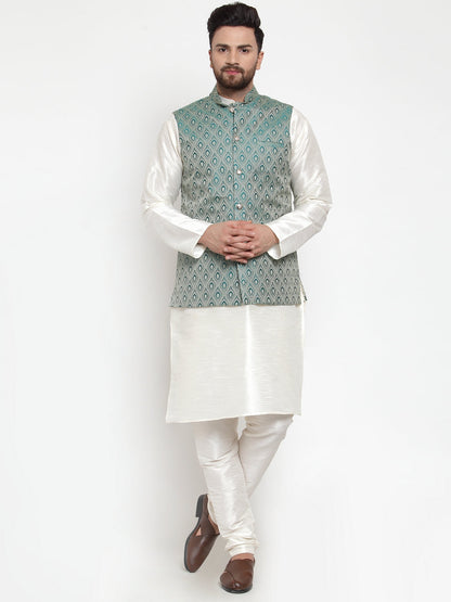 Men'S Solid Dupion Kurta Pajama With Woven Jacquard Waistcoat