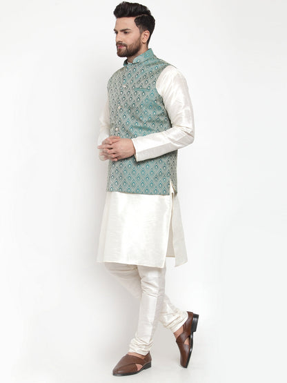 Men'S Solid Dupion Kurta Pajama With Woven Jacquard Waistcoat