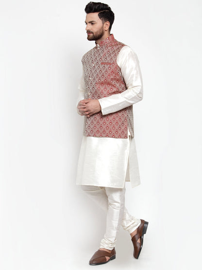 Men'S Solid Dupion Kurta Pajama With Woven Jacquard Waistcoat