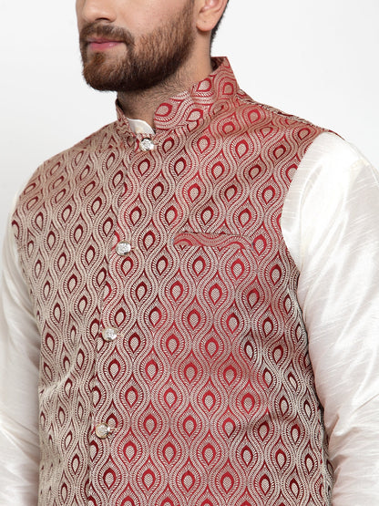 Men'S Solid Dupion Kurta Pajama With Woven Jacquard Waistcoat