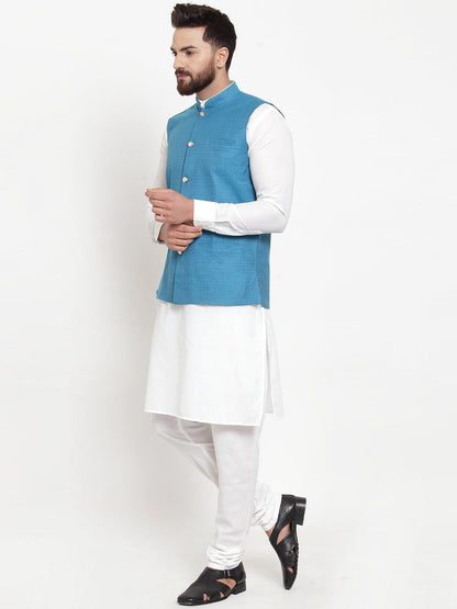 Men'S Solid Cotton Kurta Pajama With Woven Jacquard Waistcoat