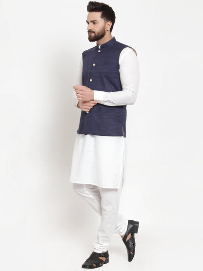 Men'S Solid Cotton Kurta Pajama With Woven Jacquard Waistcoat