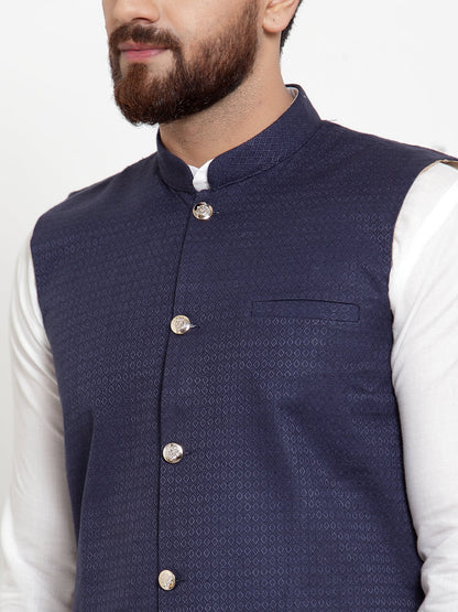 Men'S Solid Cotton Kurta Pajama With Woven Jacquard Waistcoat