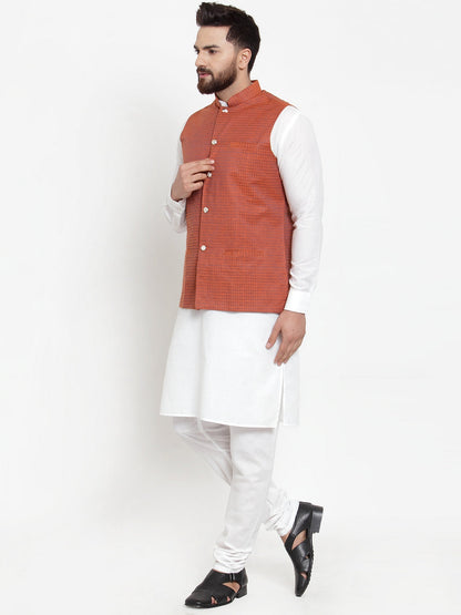 Men'S Solid Cotton Kurta Pajama With Woven Jacquard Waistcoat