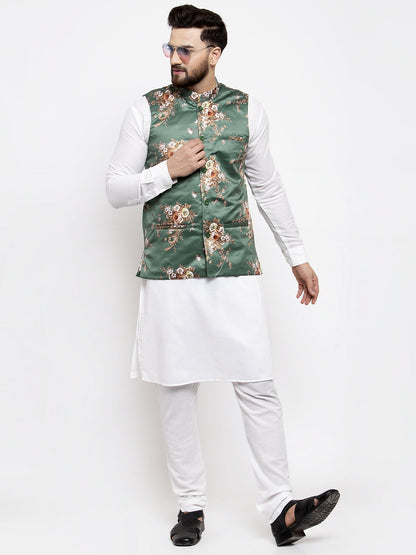 Men'S Solid Cotton Kurta Pajama With Printed Waistcoat