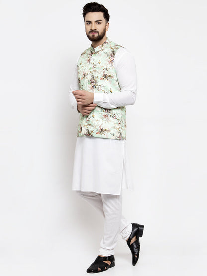 Men'S Solid Cotton Kurta Pajama With Printed Waistcoat