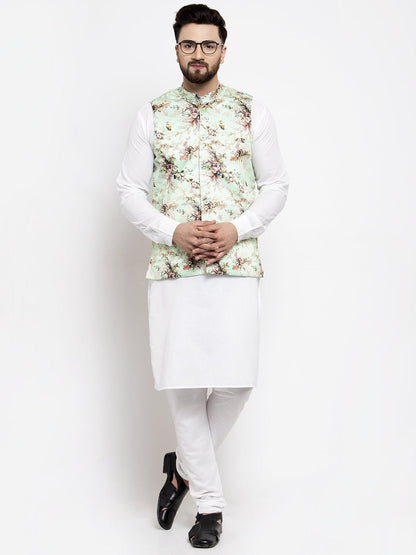 Men'S Solid Cotton Kurta Pajama With Printed Waistcoat