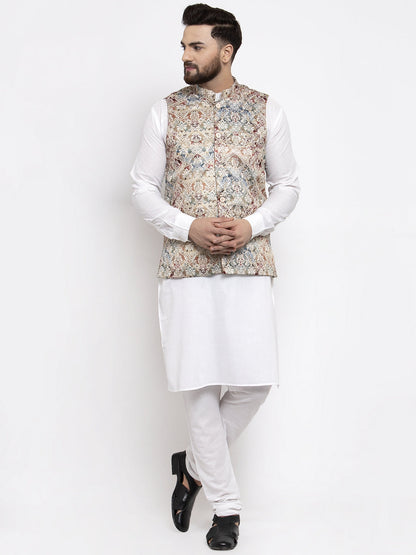 Men'S Solid Cotton Kurta Pajama With Printed Waistcoat