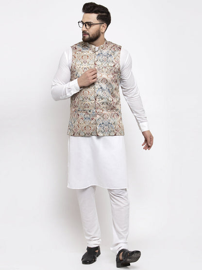 Men'S Solid Cotton Kurta Pajama With Printed Waistcoat