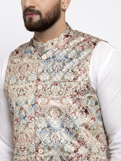 Men'S Solid Cotton Kurta Pajama With Printed Waistcoat