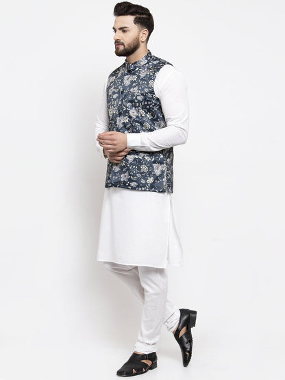 Men'S Solid Cotton Kurta Pajama With Printed Waistcoat