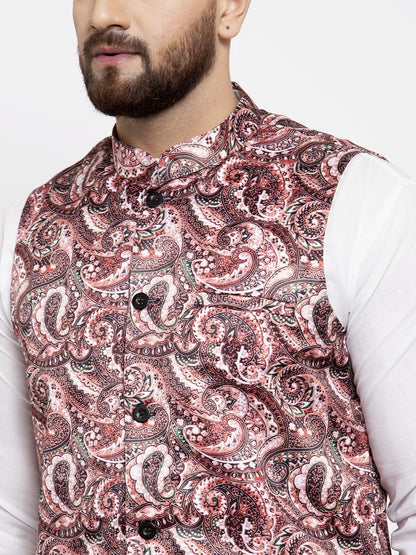Men'S Solid Cotton Kurta Pajama With Printed Waistcoat