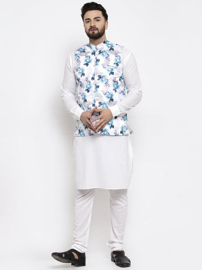 Men'S Solid Cotton Kurta Pajama With Printed Waistcoat