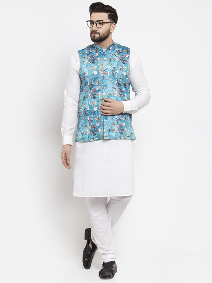 Men'S Solid Cotton Kurta Pajama With Printed Waistcoat