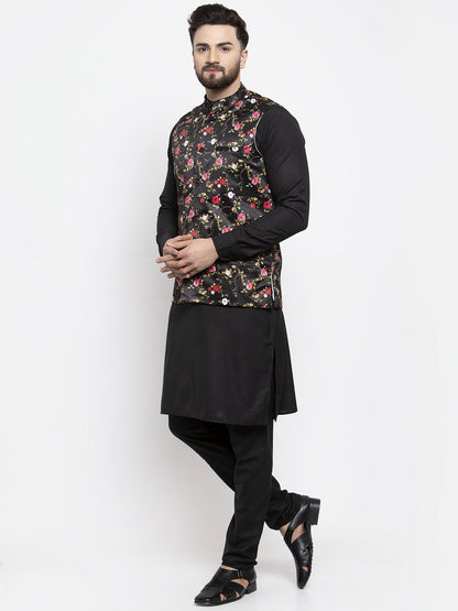 Men'S Solid Cotton Kurta Pajama With Printed Waistcoat