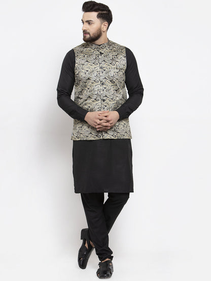 Men'S Solid Cotton Kurta Pajama With Printed Waistcoat