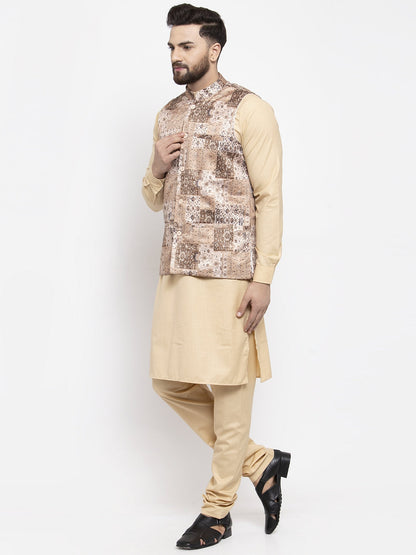 Men'S Solid Cotton Kurta Pajama With Printed Waistcoat