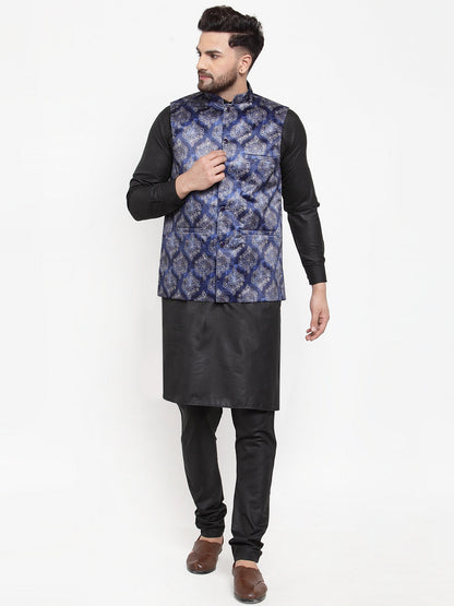 Men'S Solid Cotton Kurta Pajama With Printed Waistcoat
