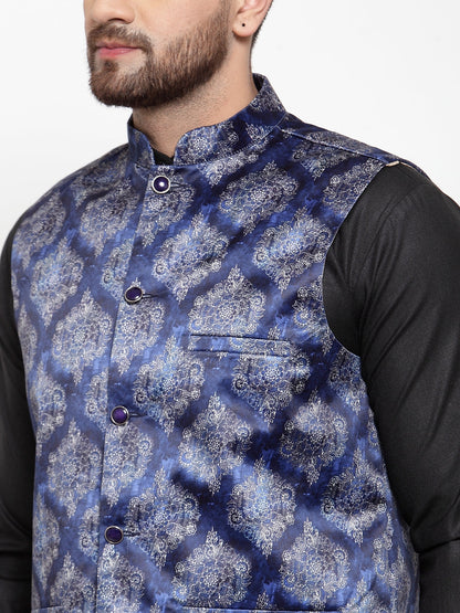 Men'S Solid Cotton Kurta Pajama With Printed Waistcoat