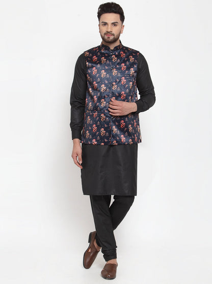 Men'S Solid Cotton Kurta Pajama With Printed Waistcoat
