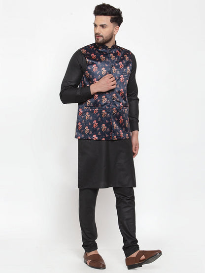 Men'S Solid Cotton Kurta Pajama With Printed Waistcoat