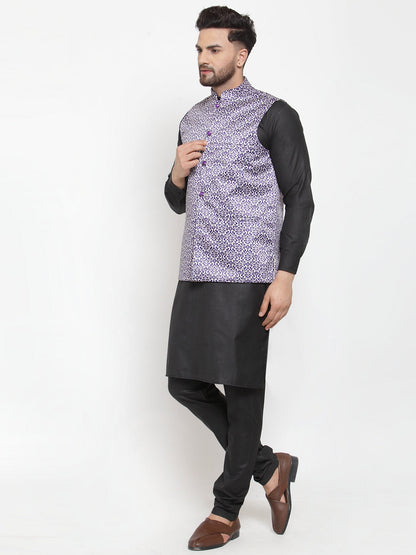 Men'S Solid Cotton Kurta Pajama With Printed Waistcoat