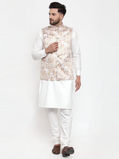 Men'S Solid Cotton Kurta Pajama With Printed Waistcoat