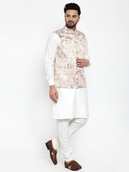 Men'S Solid Cotton Kurta Pajama With Printed Waistcoat