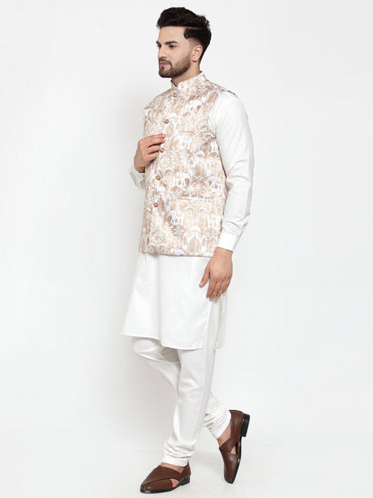 Men'S Solid Cotton Kurta Pajama With Printed Waistcoat