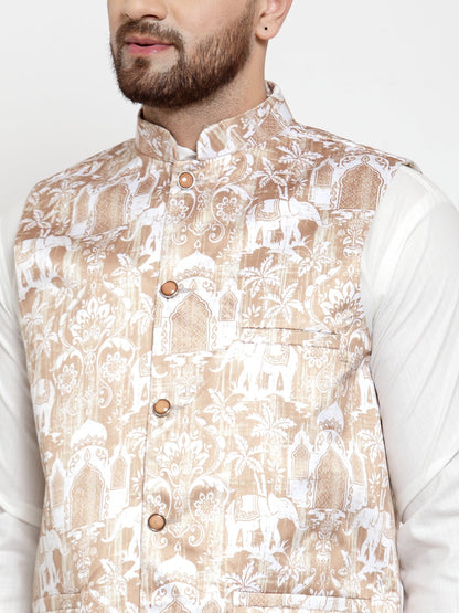 Men'S Solid Cotton Kurta Pajama With Printed Waistcoat