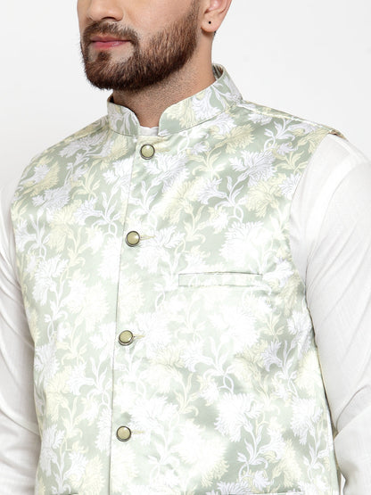Men'S Solid Cotton Kurta Pajama With Printed Waistcoat
