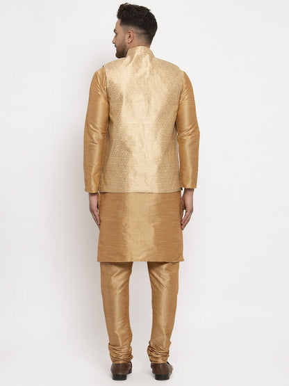 Men'S Solid Dupion Kurta Pajama With Woven Jacquard Waistcoat
