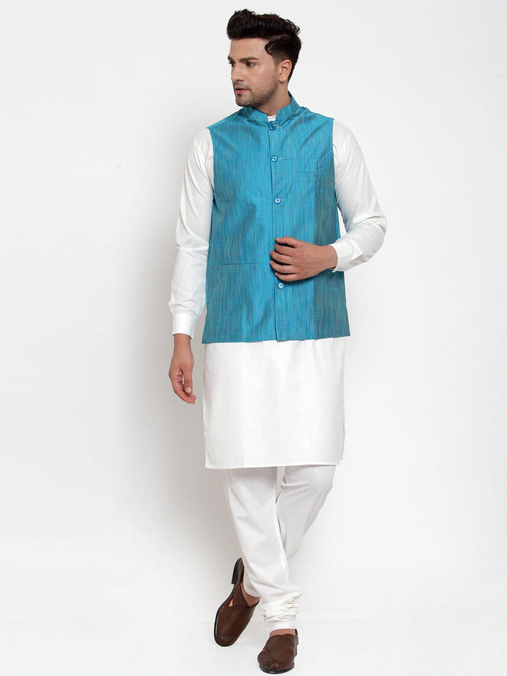 Men White Solid Kurta With Pyjamas &amp; Blue Nehru Jacket