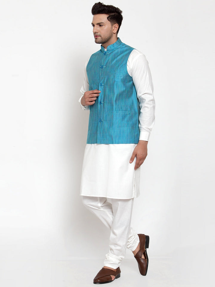 Men White Solid Kurta With Pyjamas &amp; Blue Nehru Jacket