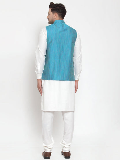 Men White Solid Kurta With Pyjamas & Blue Nehru Jacket