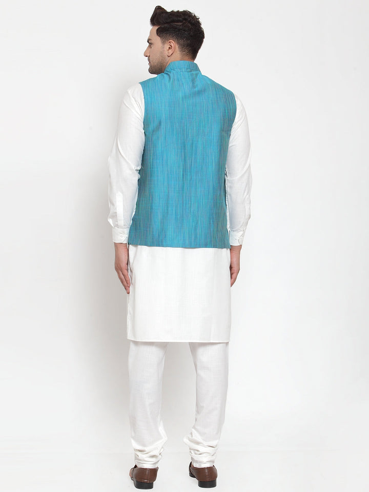 Men White Solid Kurta With Pyjamas &amp; Blue Nehru Jacket