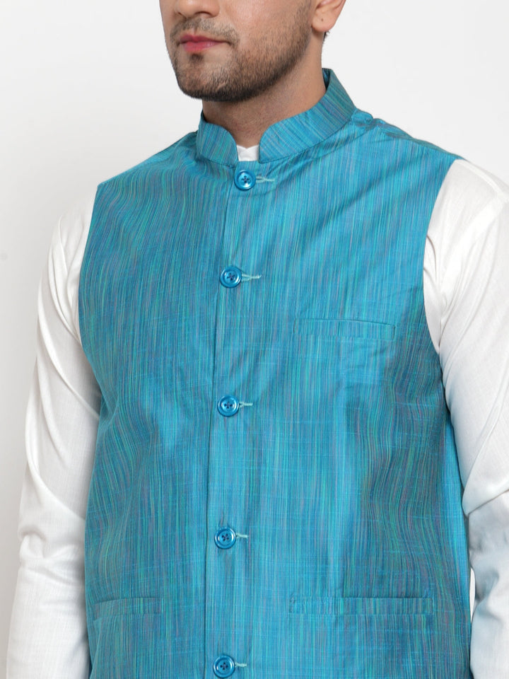 Men White Solid Kurta With Pyjamas &amp; Blue Nehru Jacket