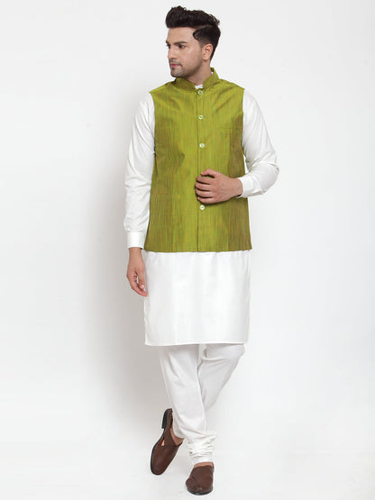 Men White Solid Kurta With Pyjamas & Green Nehru Jacket