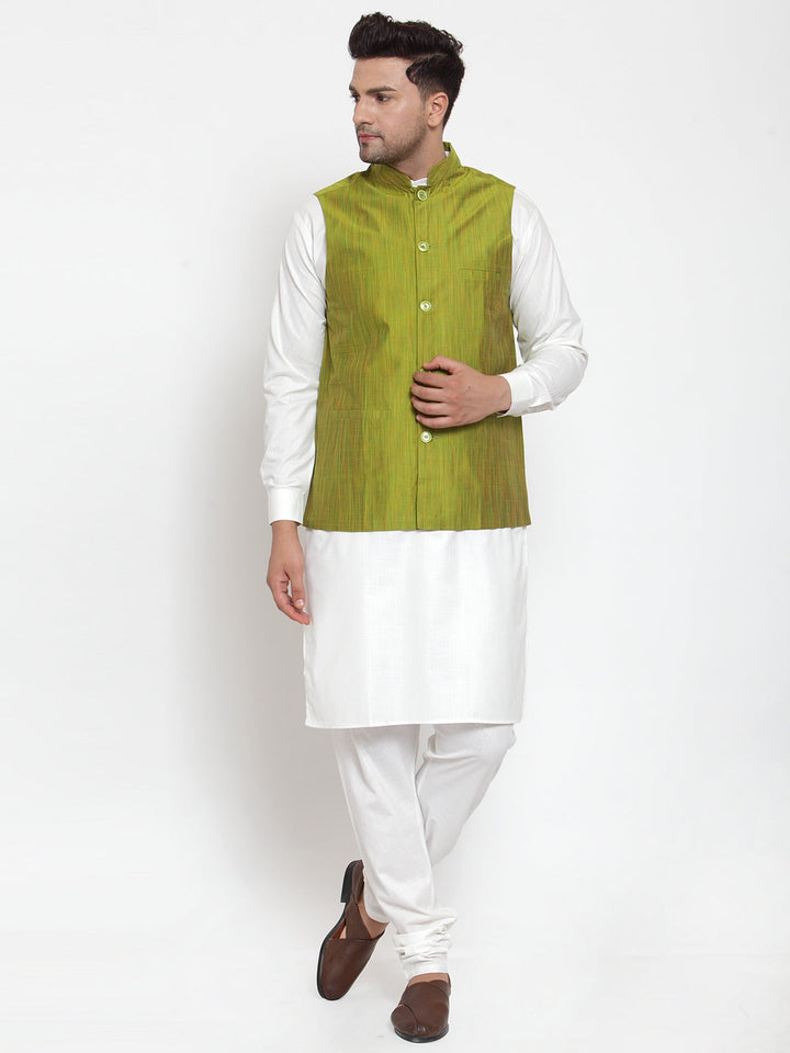 Men White Solid Kurta With Pyjamas &amp; Green Nehru Jacket