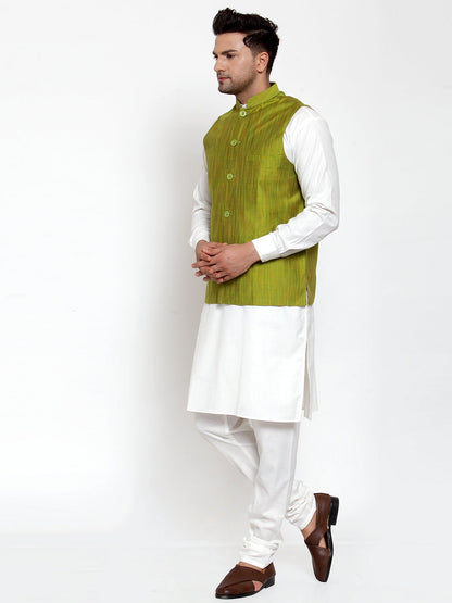 Men White Solid Kurta With Pyjamas & Green Nehru Jacket