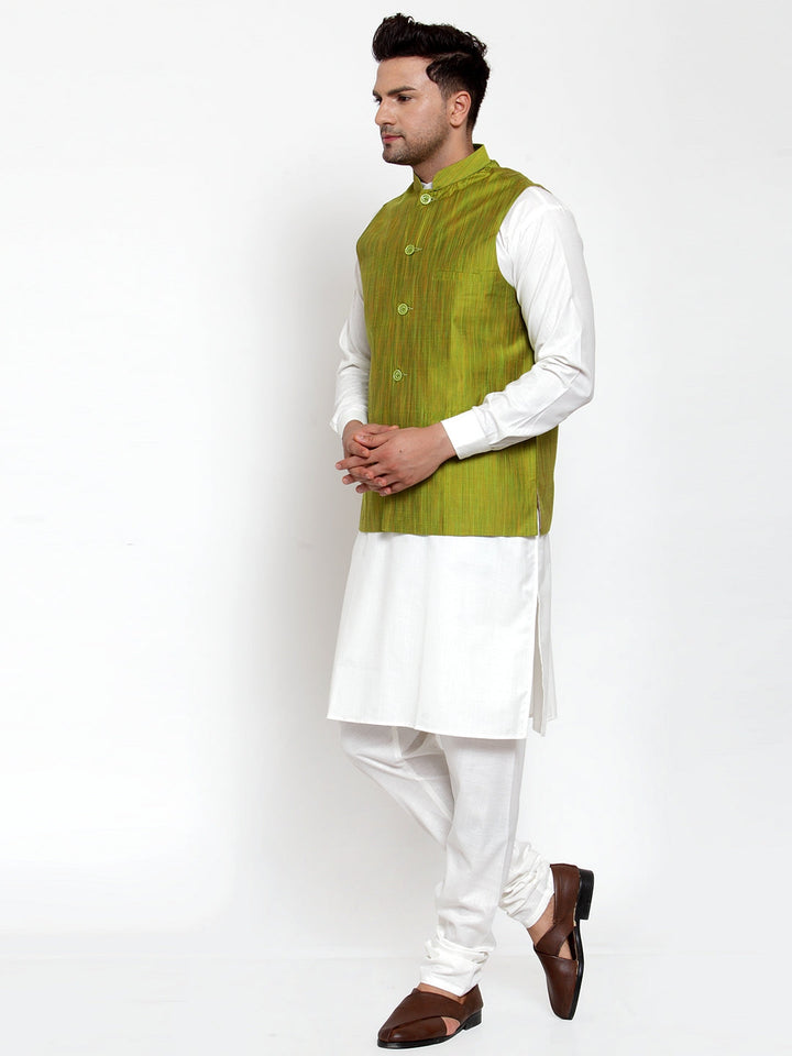 Men White Solid Kurta With Pyjamas &amp; Green Nehru Jacket