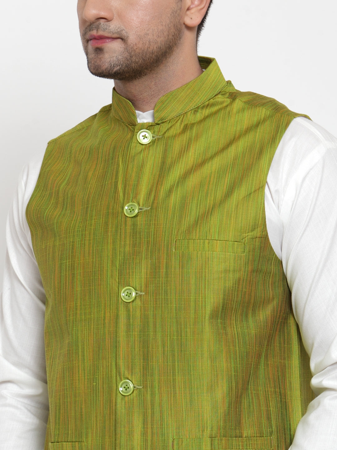 Men White Solid Kurta With Pyjamas &amp; Green Nehru Jacket