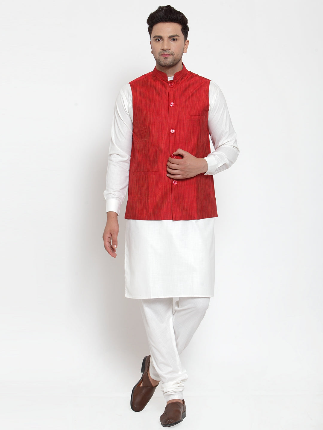 Men White Solid Kurta With Pyjamas &amp; Red Nehru Jacket